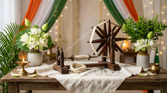 Traditional wooden charkha with Indian flag themed background.