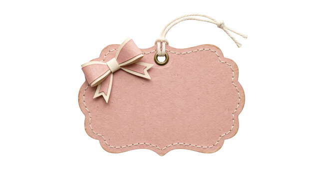 Pink paper gift tag with a bow isolated on transparent background