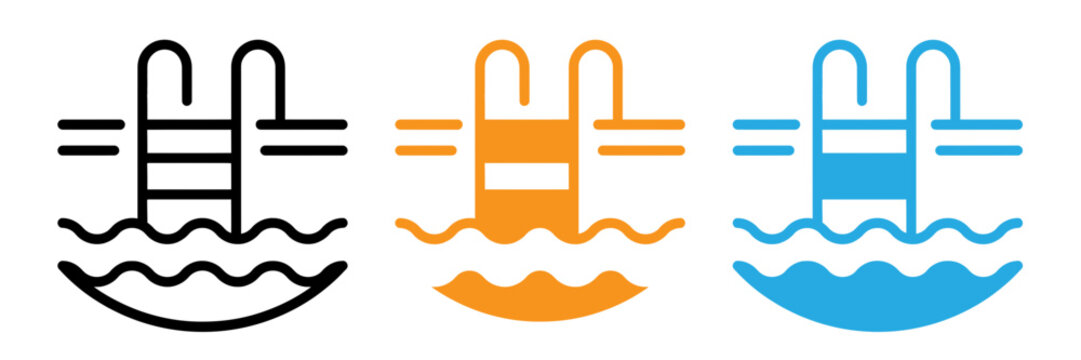 Three variations of a diving board and pool icon set in different colors