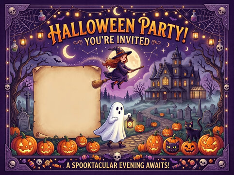 Halloween party with typical colorful decoration, children dancing and enjoying party, flat design, vibrant palette