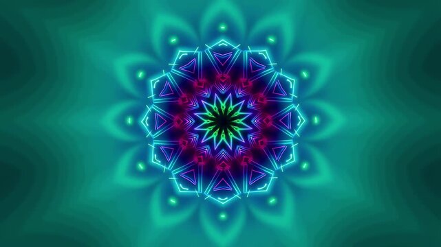 Neon kaleidoscope pattern pulsing with vibrant geometric light shapes in motion background