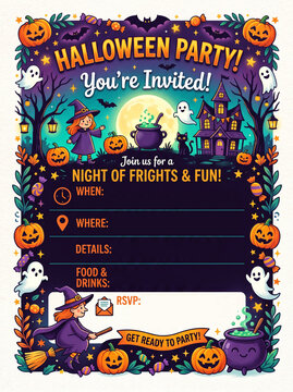 Halloween party with typical colorful decoration, children dancing and enjoying party, flat design, vibrant palette