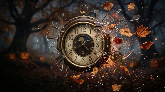 Vintage Halloween Clock Shattering with Autumn Leaves and Embers Cinematic Advertising Banner