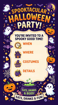Halloween party with typical colorful decoration, children dancing and enjoying party, flat design, vibrant palette