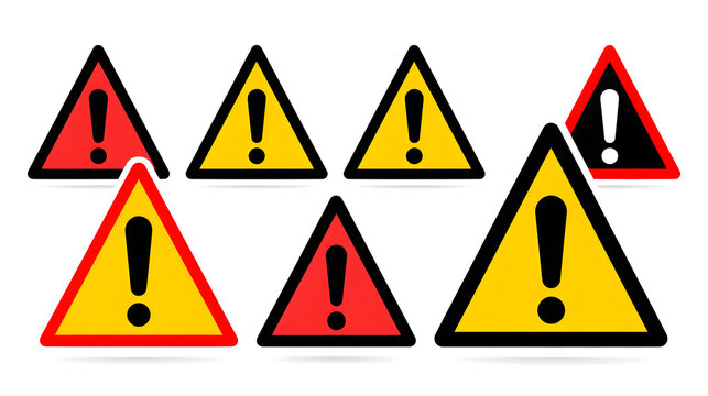 Warning triangle icon set illustration, red yellow and black exclamation caution signs for hazard alert, safety notice, risk prevention, emergency symbol. Warning and alert icon collection. vector ...