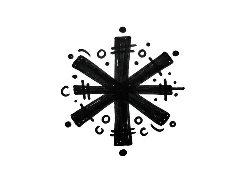 Handdrawn black ink asterisk symbol with decorative dots and circles isolated on transparent background