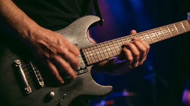 Close up of a musician's hands skillfully playing a vintage electric guitar during a live performance
