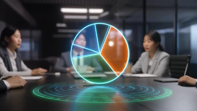 暗い会議室のテーブルの上に浮かび上がる光る3Dホログラムの円グラフとぼやけた背景