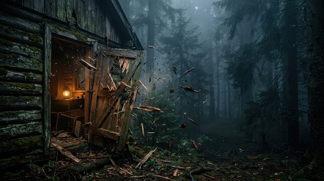 Cinematic horror banner featuring an abandoned ranger cabin door splintering in a foggy forest