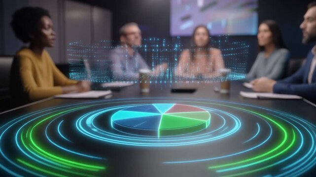 会議室のテーブルから外側に向かって放射状に広がる鮮やかな3Dホログラム円グラフとデジタルデータノード