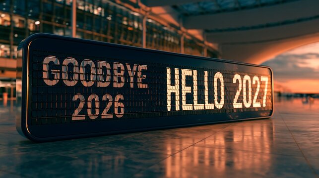 Goodbye 2026 Hello 2027 airport departure split-flap board showing New Year countdown transition on terminal floor at sunset background