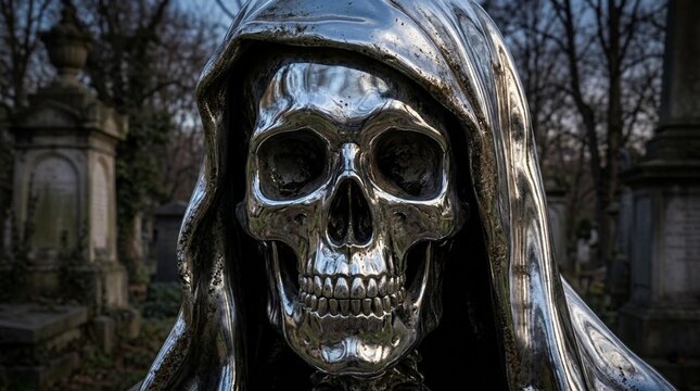 spooky chrome metal skull in haunted graveyard for Halloween design