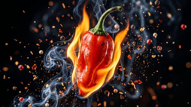 Red hot chili pepper engulfed in bright flames with flying spices and smoke against a dark background.