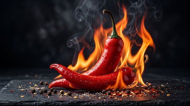 Two fresh red chili peppers engulfed in bright fire flames and smoke, resting on a slate surface with peppercorns and spices.
