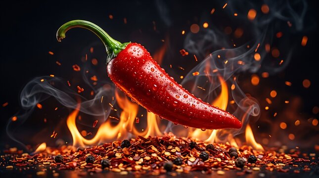 Red chili pepper with water droplets floating over crushed red pepper flakes, glowing fire flames, and swirling smoke on a dark background.