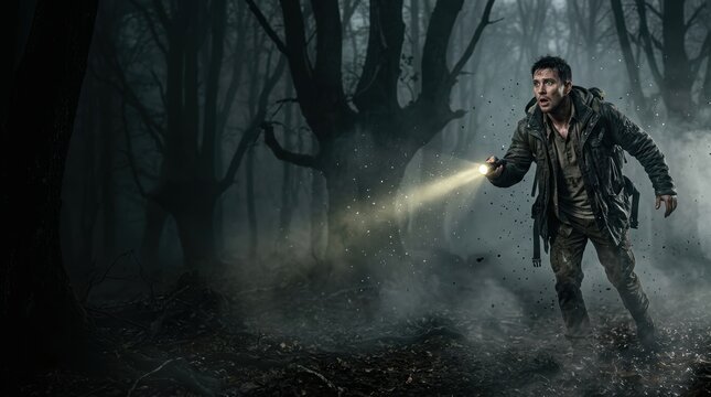 Survival horror banner featuring panicked traveler with flashlight running through dark misty forest