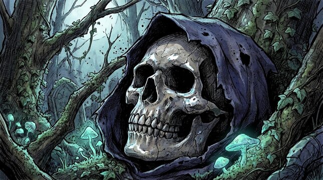 spooky skull in dark forest for Halloween design