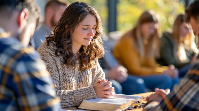 Over the shoulder view of a small group of people praying together around an open Bible on a wooden table, faces completely out of frame, bright clean room, soft natural light streaming through larg