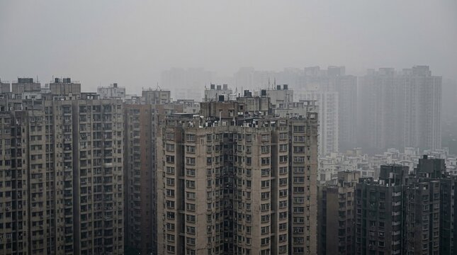 A dense urban cityscape showcasing numerous apartment tower facades fading into a hazy atmosphere.