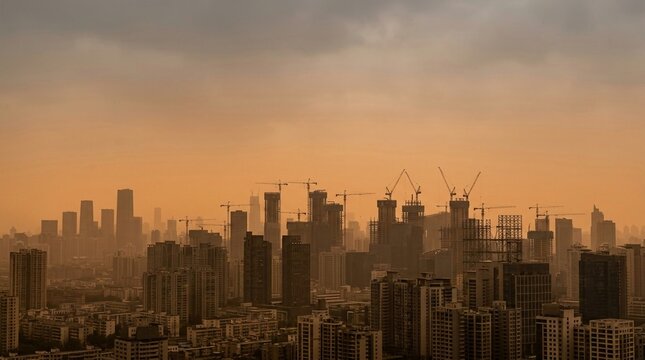 A dense urban skyline under a hazy, dust-filled sky, showcasing numerous construction cranes and developing skyscrapers.