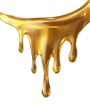 Glossy golden honey drips with smooth viscous texture and reflective highlights creating a delicious culinary element on transparent background