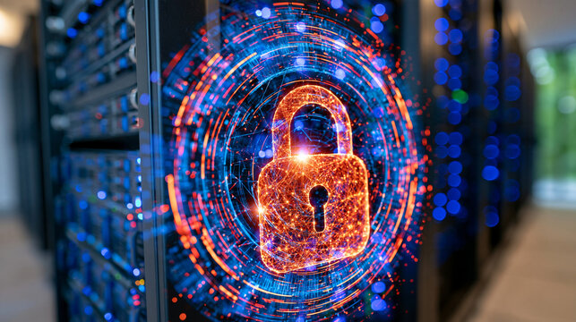 Close up of encrypted server racks inside a high security cloud data center, glowing padlock icon integrated with digital network connections, data protection and information security concept, advan