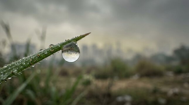 A perfect water droplet clinging to a blade of grass reflects the cloudy sky and distant landscape