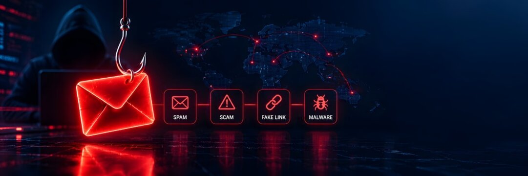 Hacker using glowing red hook to catch email envelope representing global phishing scam malware attack and cybercrime threat