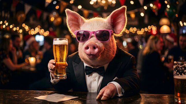 Sophisticated pig in a tuxedo enjoys a cold beer at a lively and crowded bar setting