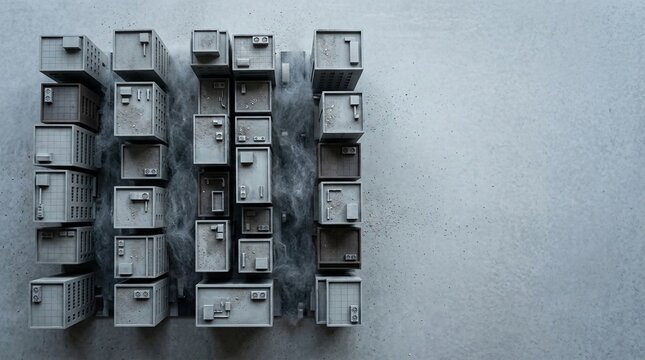 A textured grid of concrete architectural modules arranged in geometric patterns on a gray wall surface