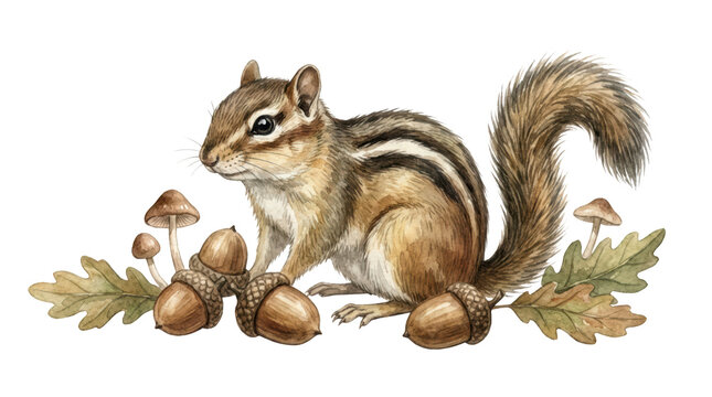 Watercolor chipmunk with acorns and mushrooms isolated on transparent background