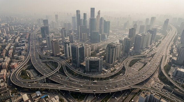 Aerial view of a dense urban skyline with a complex ring road interchange in heavy traffic