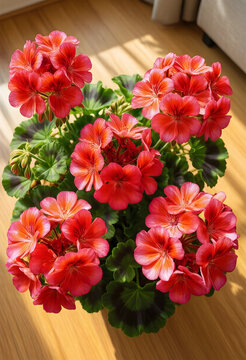 Biophilic design and home wellness, vibrant red geranium flowers in a pot on a wooden floor with natural sunlight for interior decor and gardening