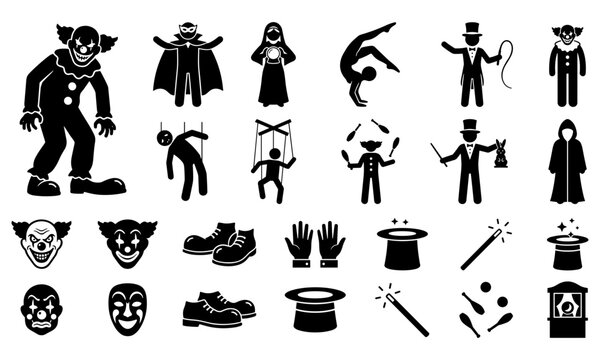 Spooky circus freak show silhouettes creepy clown evil jester magician ringmaster marionette puppet and fortune teller