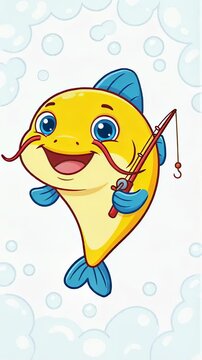 Cute yellow fish holding a fishing rod underwater. Animated aquatic character enjoying leisure time. Whimsical cartoon illustration for children story book design. Vertical video