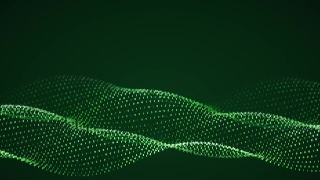 Green binary wave loop looping seamless code particles digital technology flows through a luminous mesh landscape for cybersecurity data networks analytics interfaces and futuristic business media