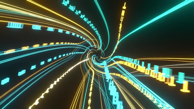 Neon binary tunnel loop looping seamless data stream cybersecurity technology rushes through a cyan and yellow vortex for computing networks digital transfer innovation and futuristic backgrounds