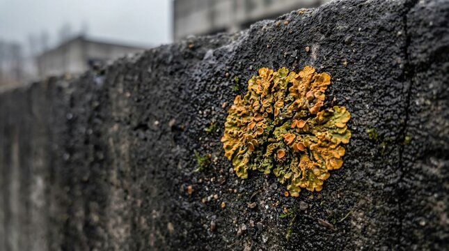 Close-up macro view of vibrant yellow and orange lichen growing on a rough grey stone surface