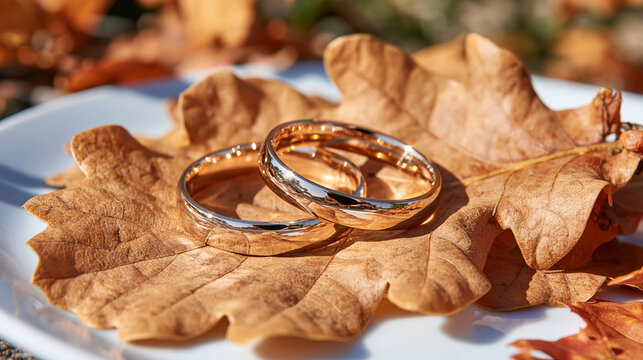 Top view of a pair of wedding rings arranged neatly on a large brown oak leaf, crisp natural sunlight emphasizing metallic reflections and autumn leaf texture, simple bright background, elegant mini