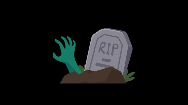 Spooky cartoon zombie hand rises from dark earth by a grey gravestone, Halloween concept
