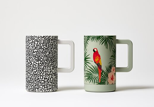 Two decorative mugs, one with abstract lines, the other a parrot & leaves