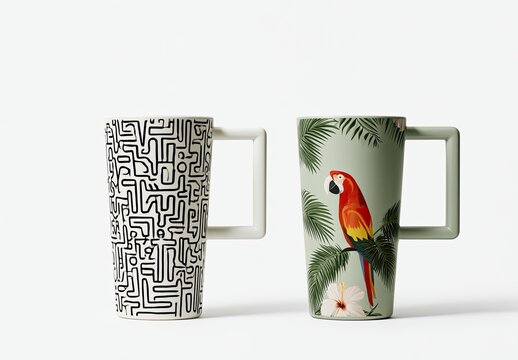Two tall mugs, one with a maze design, the other with a parrot