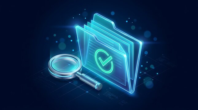 Digital checkmark in glowing folder with magnifying glass, concept for data security and verification