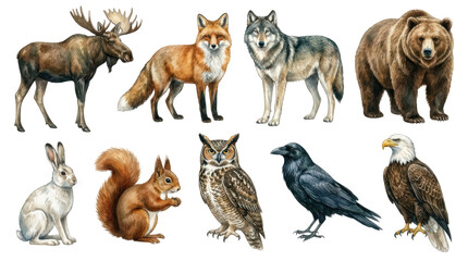 Fototapeta premium Collection of north american wildlife animals isolated on transparent background