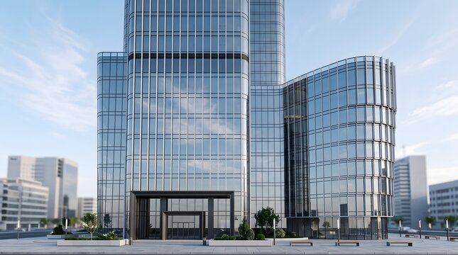 Modern glass facade office building with a sleek architectural design on a cloudy day