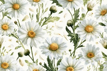 Fototapeta premium Watercolor daisy flowers seamless pattern vector illustration background