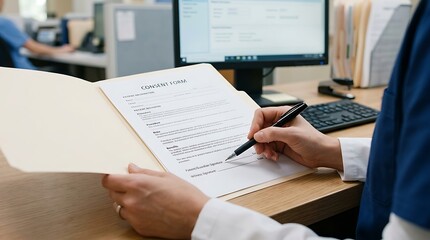 Healthcare professional signing consent form for patient procedure in modern clinic office