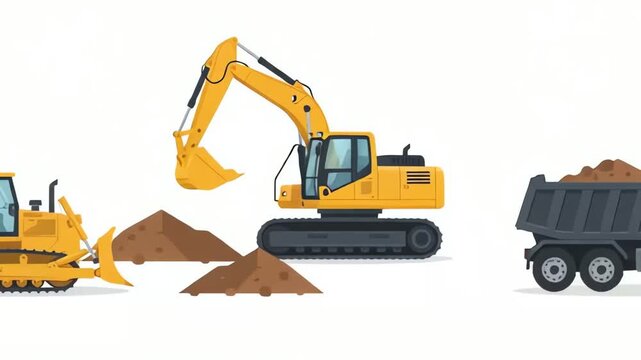 Construction Site Scene Excavator Loads Dump Truck Bulldozer Pushes Dirt