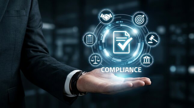 Business Compliance Concept: Businessman's Hand with Digital Icons of Law and Order