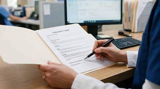 Healthcare professional signing consent form for patient procedure in modern clinic office